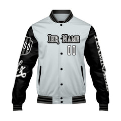 Maßgeschneiderte Grau Schwarz Letterman Varsity Jacket Individuelle Stickerei Druck nach Ihrem Wunsch