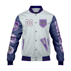 Maßgeschneiderte Grau Lila Letterman Varsity Jacket Individuelle Stickerei  Druck nach Ihrem Wunsch