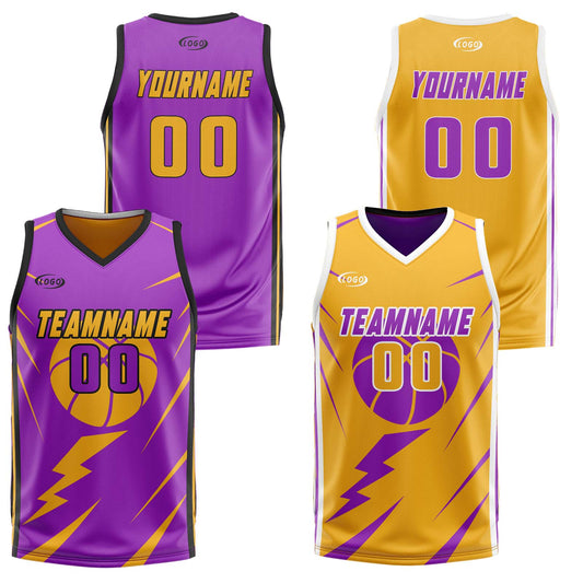 Benutzerdefinierte Lila Gelb Reversible Basketball Jersey Personalisierte Drucken Name Nummer Logo