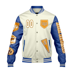 Maßgeschneiderte Weiß Hellblau Letterman Varsity Jacket Individuelle Stickerei Druck nach Ihrem Wunsch