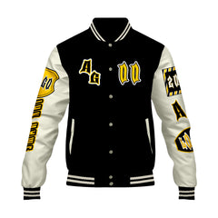 Maßgeschneiderte Schwarz Gelb Letterman Varsity Jacket Individuelle Stickerei Druck nach Ihrem Wunsch