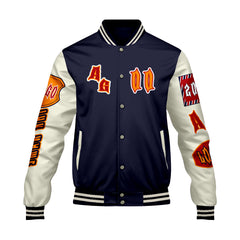 Maßgeschneiderte Marine Orange Letterman Varsity Jacket Individuelle Stickerei Druck nach Ihrem Wunsch