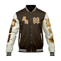 Maßgeschneiderte Braun Gelb Letterman Varsity Jacket Individuelle Stickerei Druck nach Ihrem Wunsch