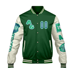 Maßgeschneiderte Grün Weiß Letterman Varsity Jacket Individuelle Stickerei Druck nach Ihrem Wunsch
