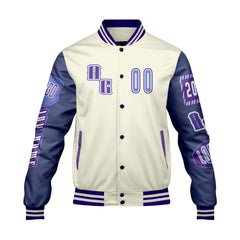 Maßgeschneiderte Lila Blau Letterman Varsity Jacket Individuelle Stickerei Druck nach Ihrem Wunsch