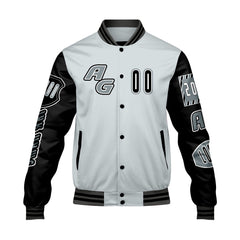 Maßgeschneiderte Grau Schwarz Letterman Varsity Jacket Individuelle Stickerei Druck nach Ihrem Wunsch