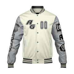 Maßgeschneiderte Grau Weiß Letterman Varsity Jacket Individuelle Stickerei Druck nach Ihrem Wunsch