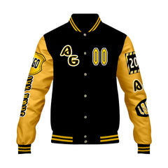 Maßgeschneiderte Schwarz Gelb Letterman Varsity Jacket Individuelle Stickerei Druck nach Ihrem Wunsch