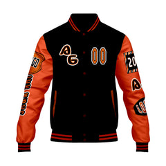 Maßgeschneiderte Schwarz Orange Letterman Varsity Jacket Individuelle Stickerei Druck nach Ihrem Wunsch