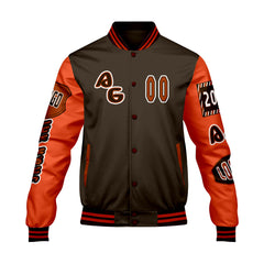Maßgeschneiderte Braun Orange Letterman Varsity Jacket Individuelle Stickerei Druck nach Ihrem Wunsch