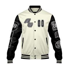 Maßgeschneiderte Schwarz Weiß Letterman Varsity Jacket Individuelle Stickerei Druck nach Ihrem Wunsch