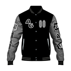 Maßgeschneiderte Schwarz Grau Letterman Varsity Jacket Individuelle Stickerei Druck nach Ihrem Wunsch