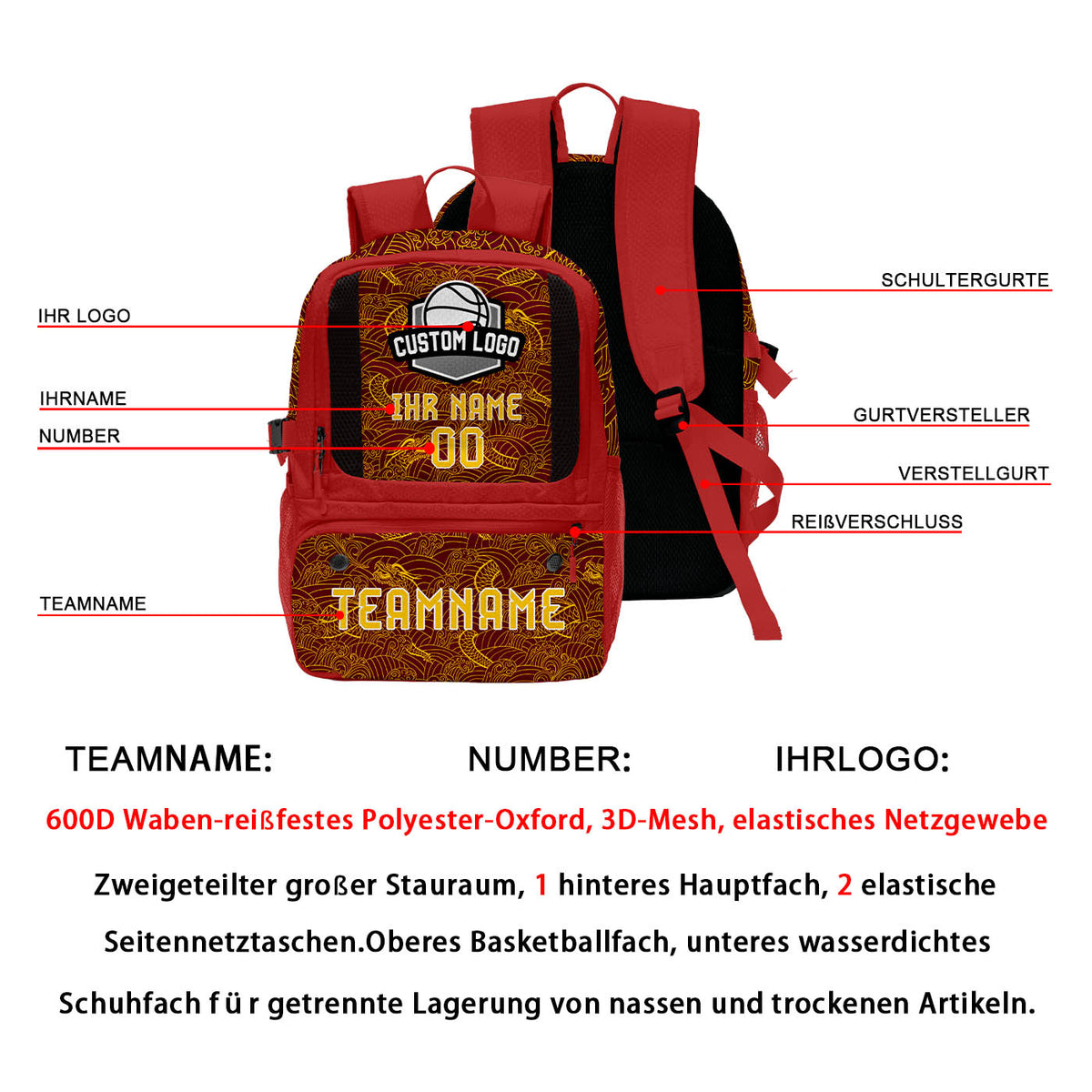 Personalisierter Basketball - und Fußballrucksack in Weinrot und Gelb mit Spielernamen & Nummern und Teamlogo #BP-0919-0039