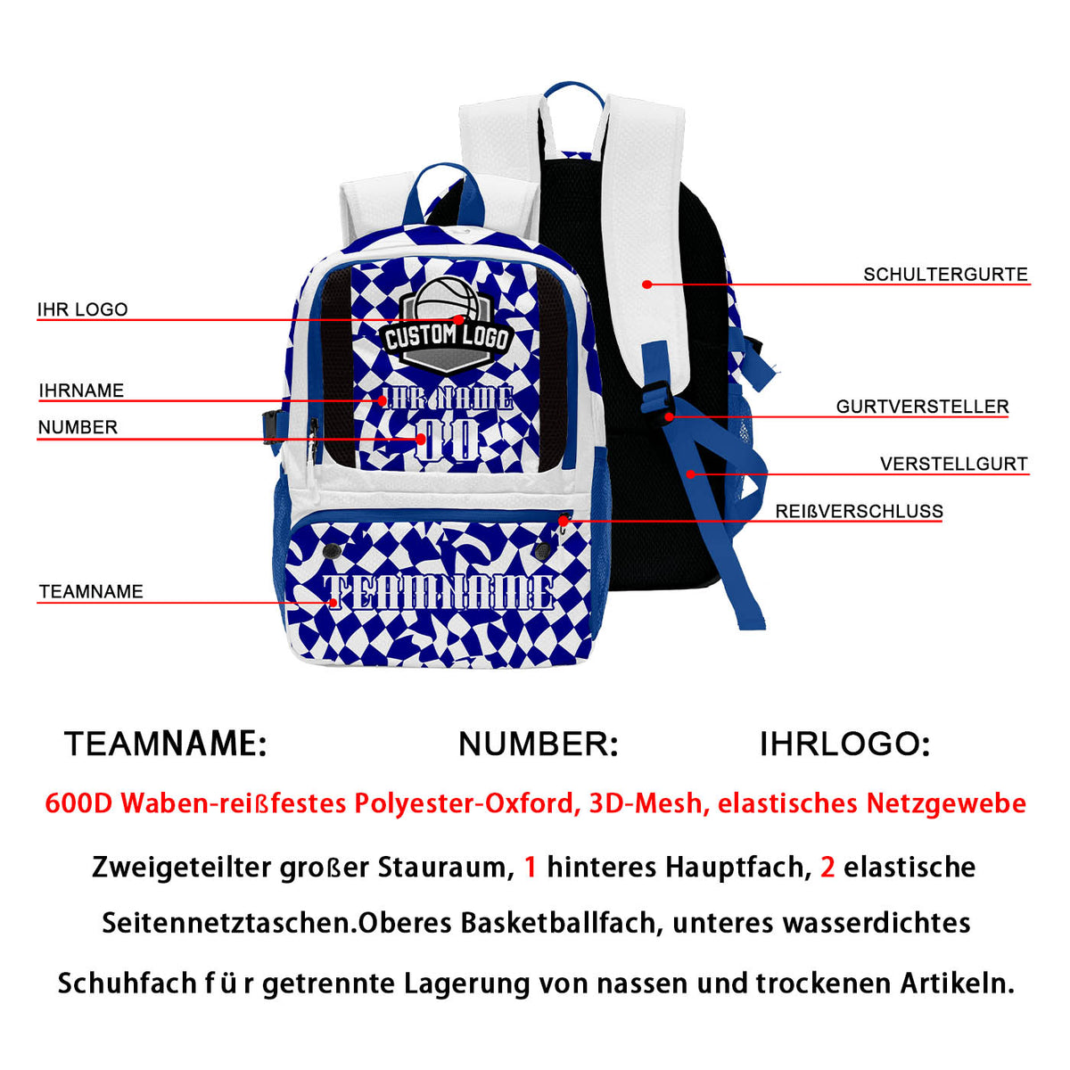 Personalisierter weißer und blauer Basketball - und Fußballrucksack mit Spielernamen & Nummern und Teamlogo #BP-0919-0037