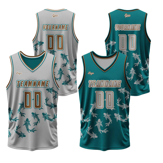 Benutzerdefinierte Grau Grün Reversible Basketball Jersey Personalisierte Print Name Nummer Logo