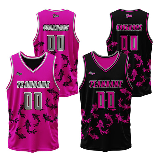 Benutzerdefinierte Pflaume Rosa Schwarz Reversible Basketball Jersey Personalisierte Print Name Nummer Logo