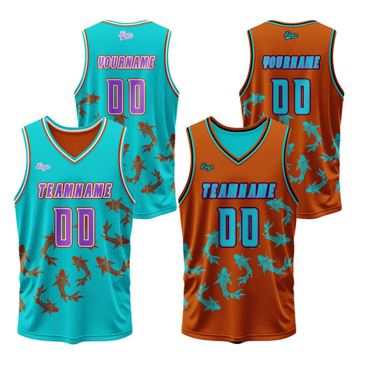 Benutzerdefinierte Blau Orange Reversible Basketball Jersey Personalisierte Print Name Nummer Logo