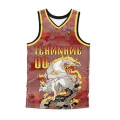 Benutzerdefinierter Rot Gelb Basketball Jersey Uniform Anzug gedruckt Ihr Logo Name Nummer
