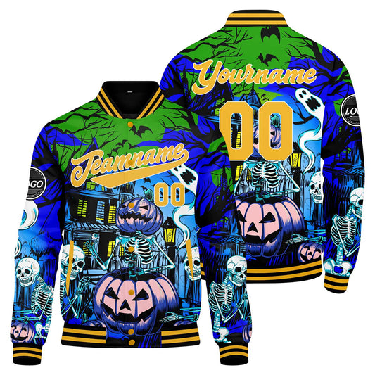 Benutzerdefinierte Blau Gelb Varsity-Jacke. Letterman-Jacke für Männer, Frauen und Jugendliche