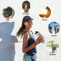 Kundenspezifisch Schwarzer gewaschener Mesh-Cowboy-Hut für Männer und Frauen mit Pferdeschwanz und Klettverschluss Kann mit Logo-Text bedruckt werden