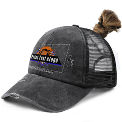 Kundenspezifisch Dunkelgrau gewaschener Mesh-Cowboy-Hut für Männer und Frauen mit Pferdeschwanz und Klettverschluss Kann mit Logo-Text bedruckt werden