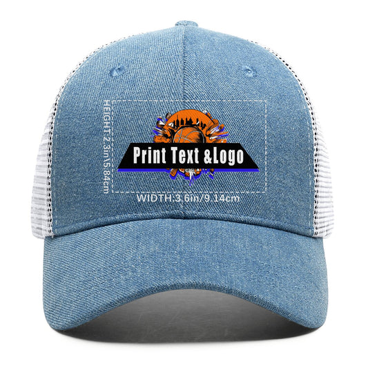 Benutzerdefiniert Blau Baseballmütze aus Denim mit atmungsaktiven Mesh-Einsätzen und lässigem Stil