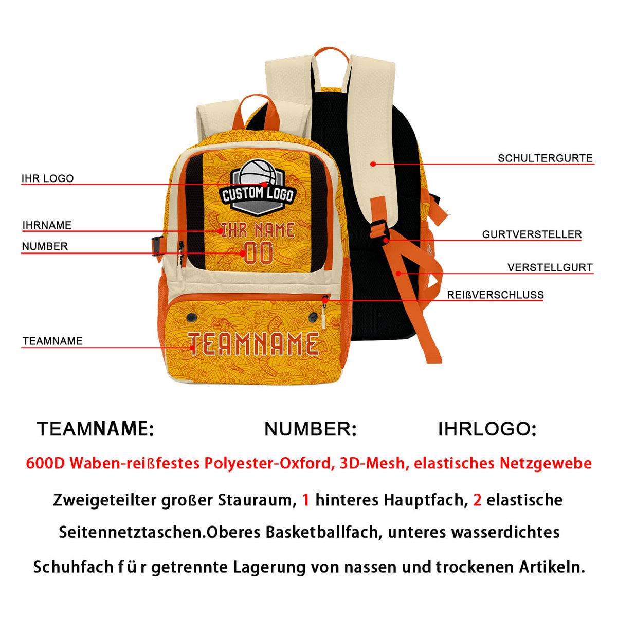 Personalisierter Basketball - und Fußballrucksack in Weiß & Orange und Gelb mit Spielernamen & Nummern und Teamlogo #BP-0919-0034