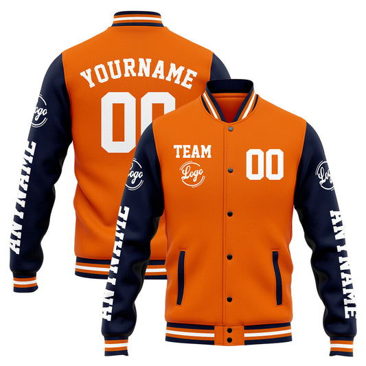 Benutzerdefinierte Varsity-Jacke. Letterman-Jacke für Männer, Frauen und Jugendliche Marine Orange