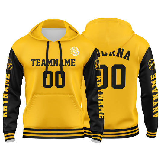 Benutzerdefinierter Gelb Schwarz Hoodie für Mann, Frau, Mädchen, Junge. Drucken Sie Ihr Logo, Ihren Namen und Ihre Nummer