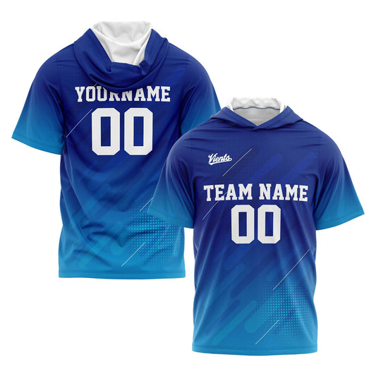 Benutzerdefinierte Blau Kurzarm-Kapuzenpullover für Männer Frauen Hemden mit Kapuzen gedruckt Name Logo