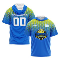 Benutzerdefinierte Blau Gelb Kurzarm-Kapuzenpullover für Männer Frauen Hemden mit Kapuzen gedruckt Name Logo