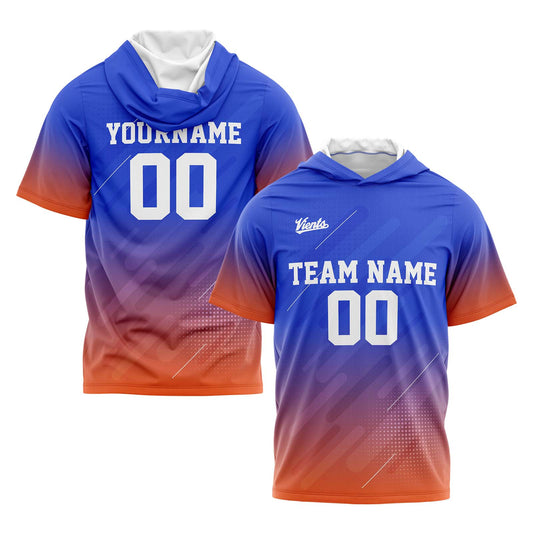 Benutzerdefinierte Blau Orange Kurzarm-Kapuzenpullover für Männer Frauen Hemden mit Kapuzen gedruckt Name Logo