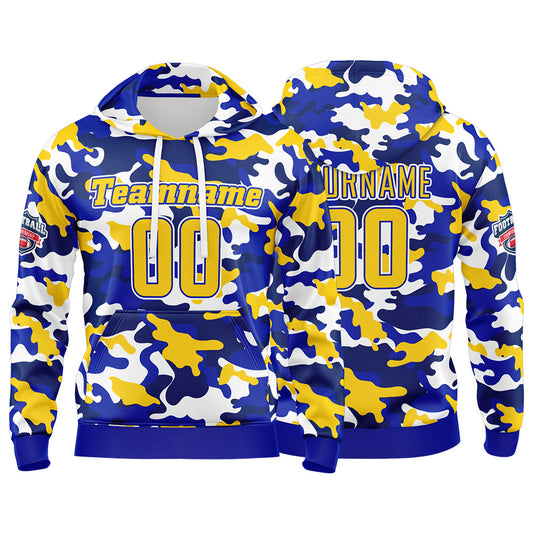 Benutzerdefinierter Sweatshirt-Hoodie für Mann, Frau, Mädchen, Junge. Drucken Sie Ihr Logo, Ihren Namen und Ihre Nummer Gelb-Royal