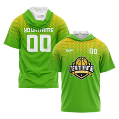 Benutzerdefinierte Grün Gelb Kurzarm-Kapuzenpullover für Männer Frauen Hemden mit Kapuzen gedruckt Name Logo