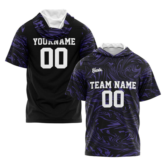 Benutzerdefinierte Schwarz Lila Kurzarm-Kapuzenpullover für Männer Frauen Hemden mit Kapuzen gedruckt Name Logo