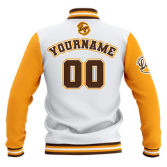 Benutzerdefiniert Weiß Gelb Braun Wasserdichte Varsity Jacken Personalisiert genäht Name Nummer Logo zu Letterman Jacken