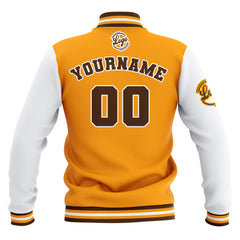Benutzerdefiniert Gelb Weiß Braun Wasserdichte Varsity Jacken Personalisiert genäht Name Nummer Logo zu Letterman Jacken