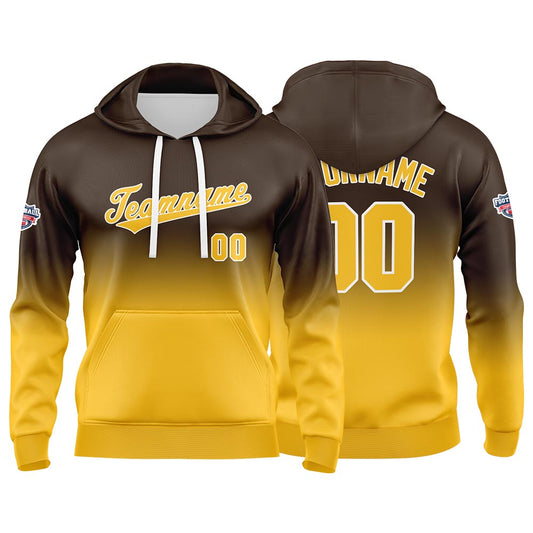 Benutzerdefinierter Verlauf Hoodie für Mann, Frau, Mädchen, Junge. Drucken Sie Ihr Logo, Ihren Namen und Ihre Nummer Braun Gelb
