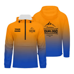 Anpassbare Orange Blau Winddichte Softshell Kapuzenjacke - Vollverschluss, Logo- & Text-Druck