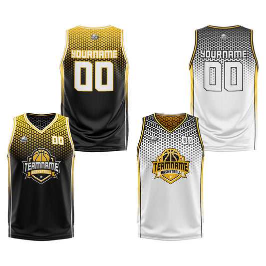 Benutzerdefinierte Schwarz Gelb Weiß Reversible Basketball Jersey Personalisierte Print Name Nummer Logo