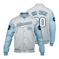 Maßgeschneiderte Hellgrau Blau Letterman Varsity Jacket Individuelle Stickerei Druck nach Ihrem Wunsch