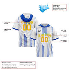 Benutzerdefinierte Weiß Blau Kurzarm-Kapuzenpullover für Männer Frauen Hemden mit Kapuzen gedruckt Name Logo