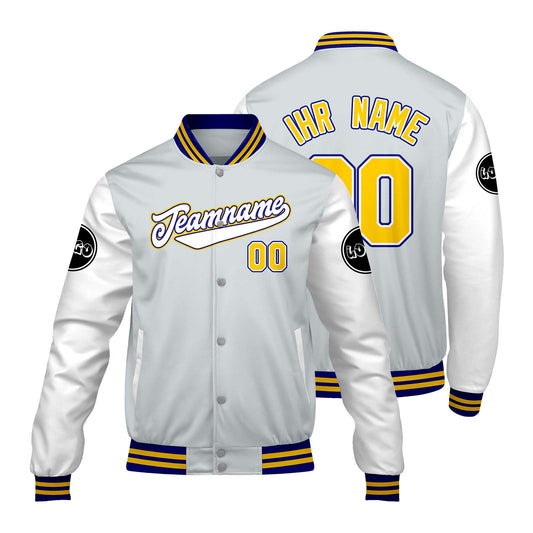 Maßgeschneiderte Hellgrau Weiß Letterman Varsity Jacket Individuelle Stickerei Druck nach Ihrem Wunsch