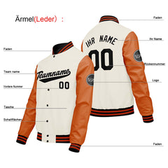 Maßgeschneiderte Creme Weiß Orange Letterman Varsity Jacket Individuelle Stickerei Druck nach Ihrem Wunsch
