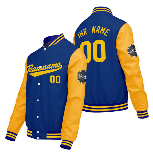 Maßgeschneiderte Blau Gelb Letterman Varsity Jacket Individuelle Stickerei Druck nach Ihrem Wunsch