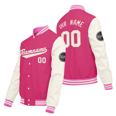 Maßgeschneiderte Rosa Creme Weiß Letterman Varsity Jacket Individuelle Stickerei Druck nach Ihrem Wunsch