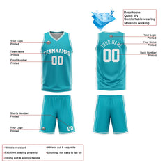 Benutzerdefinierte Cyan Weiß Reversible Basketball Jersey Personalisierte Print Name Nummer Logo