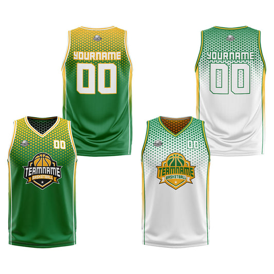 Benutzerdefinierte Grün Gelb Weiß Reversible Basketball Jersey Personalisierte Print Name Nummer Logo