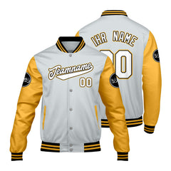 Maßgeschneiderte Hellgrau Gelb Letterman Varsity Jacket Individuelle Stickerei Druck nach Ihrem Wunsch