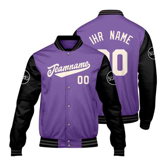 Maßgeschneiderte Lila Schwarz Letterman Varsity Jacket Individuelle Stickerei Druck nach Ihrem Wunsch